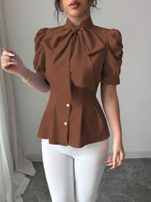 Selianne Áo sơ mi nữ cổ thắt eo màu trơn thanh lịch, mùa hè - Rỉ Nâu - Xem 3