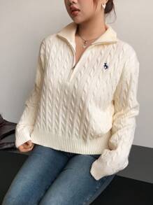 Dazy Plus Zip-Up Half Open Collar Loose Embroidered Pattern Long Sleeve Pullover Sweater, Spring/Autumn - Apricot - View 4