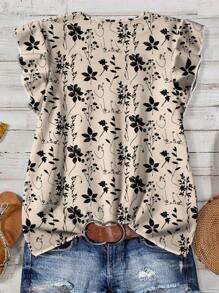 EMERY ROSE Casual Vintage Floral Pattern Khaki Plus Size Shirt, Suitable For Summer Chic Blouses For Women - Multicolor - View 2