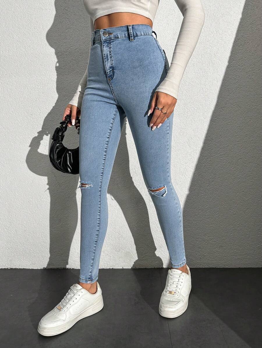 EURMUSE High Waist Ripped Skinny Jeans - Royal Blue - View 1