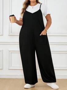 SHEIN CURVE+ Plus Size Women's Solid Color Pocket Design Wide Leg Loose Casual Jumpsuitfall Clothes For Women,Winter,CURVE PLUS/Autumn /Winter
