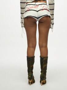 SUMWON WOMEN Spoilt Girl Printed Side Tie Booty Shorts Mini Hot Pants - Festival Party Club Summer Beachwear Bottoms With Side Strings Adjustable Design - White - View 2