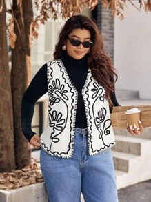 Vionelle Plus Size Contrast Color Embroidered Sleeveless Jacket - Multicolor - View 7