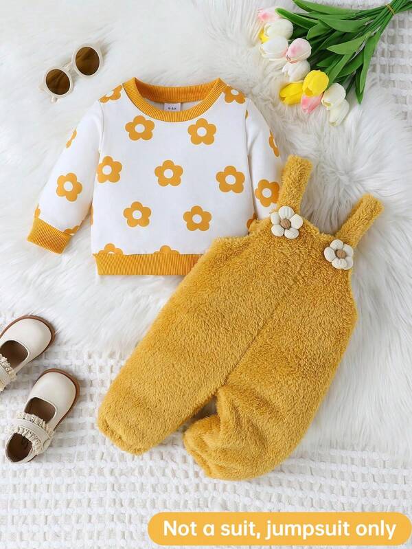SHEIN Playful Pals 1 件装女宝宝纯色双面毛绒花朵无袖保暖休闲连体裤秋冬季