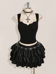 SHEIN ICON ICON 大码纯色女士休闲无袖上衣，适合夏季穿着，哥特风蕾丝边饰朋克风黑色上衣，锐舞风上衣 - 黑色 - 查看 5