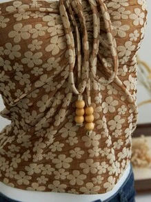 Flirla Women's Floral Jacquard Beaded Lace-Up Camisole Top - Coffee Brown - View 6