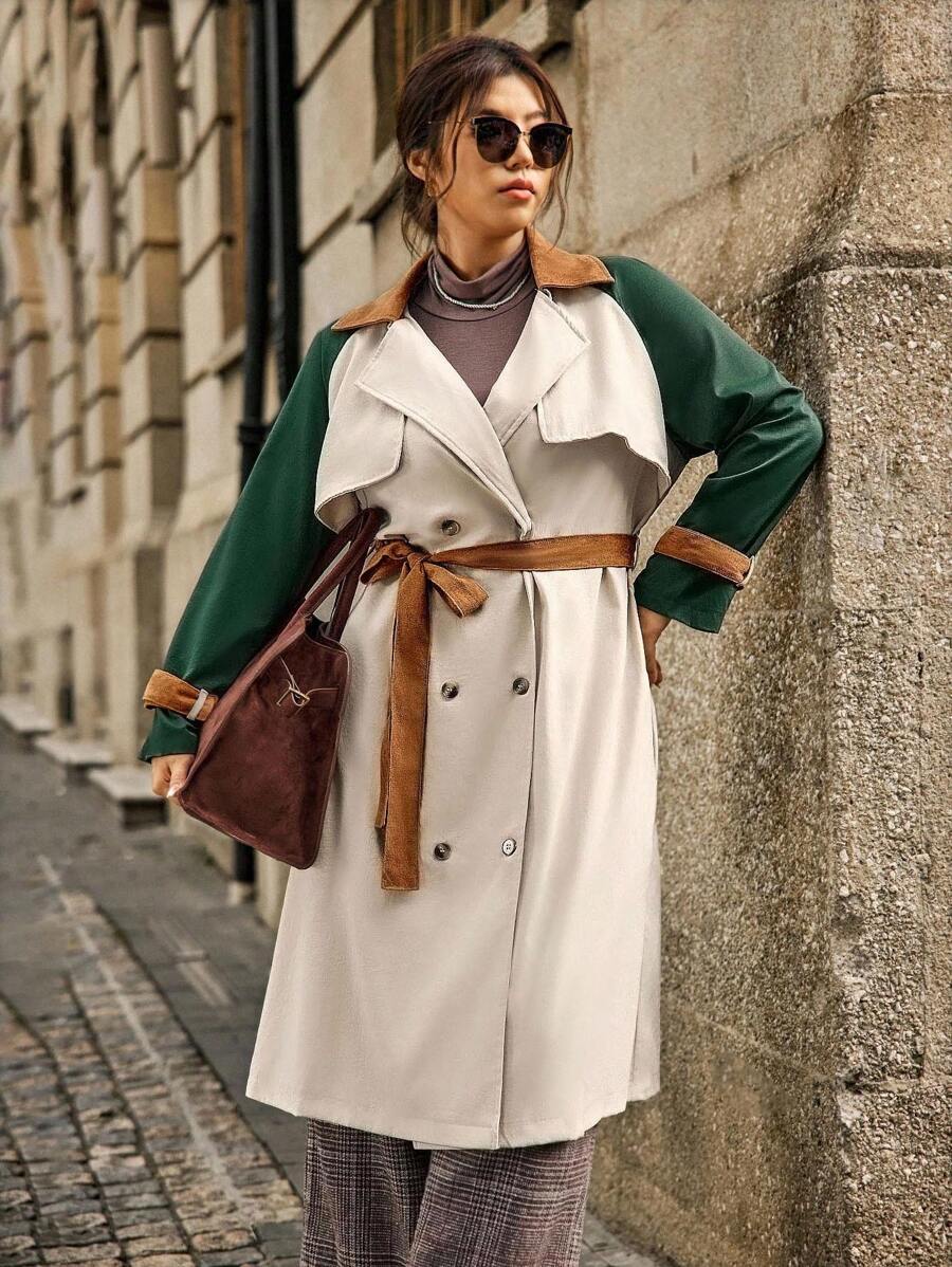 SHEIN LUNE Plus Size Solid Color Button Front Splice Long Sleeve Casual Trench Coat Fall Winter Cloth For Women Autumn - Multicolor - View 1