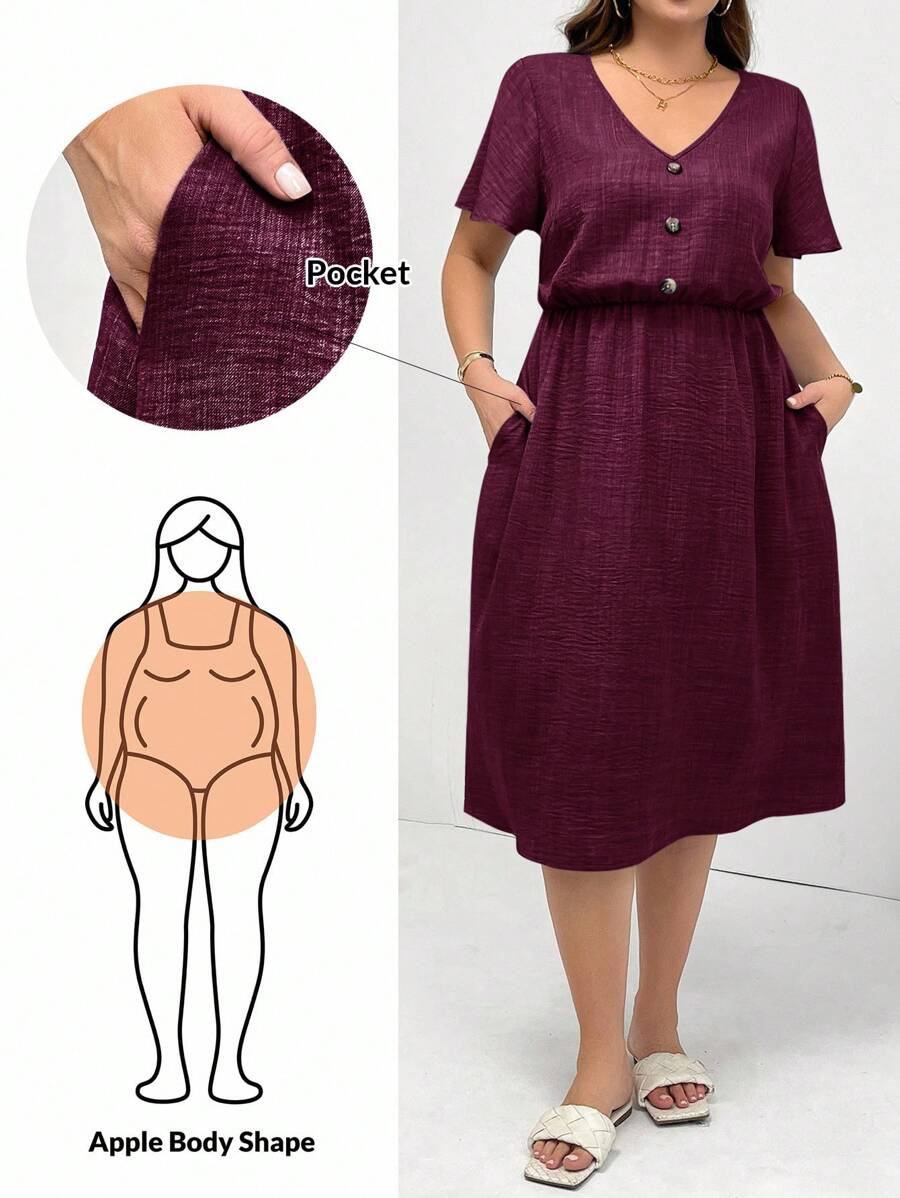 SHEIN Essnce Váy dài màu xanh lam có túi thời trang mùa xuân và mùa hè cỡ lớn cho nữ, dáng rộng thoải mái hàng ngày, đa năng, cổ chữ V, tay ngắn, eo, dáng dài vừa phải, phong cách mùa hè châu Âu, trang phục giáo viên cho phụ nữ, váy chống nắng, phong cách đơn giản - Màu Đỏ Sâu - Xem 1