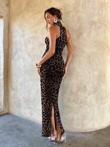 Aloruh 女士优雅性感金属扣豹纹装饰镂空紧身黑色针织长裙，适合俱乐部穿着