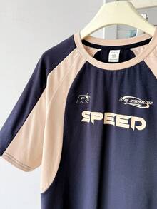 SHEIN Tricou Tween pentru fete, cu mânecă raglan în contrast, model Campus, supradimensionat, cu imprimeu personalizat și mânecă medie - Albastru marin - Vizualizare 3