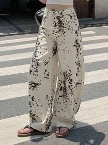 DAZY 女式纹理印花锥形哈伦裤，休闲街头风格牛仔裤 - 白色 - 查看 2