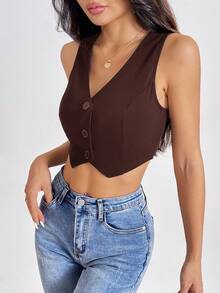 SHEIN PETITE Summer Tank TopsSolid Button Front Crop Waistcoat Chocolate Brown Top In Fall/Winter