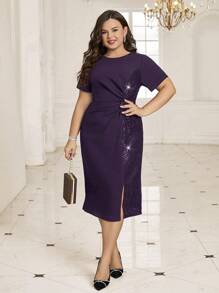 Ellevyn 大码女式亮片拼接扭腰设计开衩下摆优雅连衣裙 - 紫色 - 查看 6