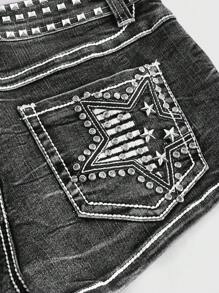 ROMWE Grunge Punk 复古Y2K做旧星形水钻装饰超低腰迷你牛仔短裤，适合多种场合
