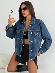 EURMUSE Raw Wash Classic Flap Pocket Ripped Drop Shoulder Denim Jacket Womens Jean Jacket Blue Jean Jacket Oversized Jean Jacket Jean Jacket - Dark Wash - View 7