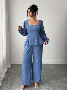 Elenzga Bộ 2 món áo sơ mi dài tay buộc dây lưng màu trơn cỡ lớn dành cho nữ và quần ống rộng thường ngày - Màu xanh lam - Xem 6