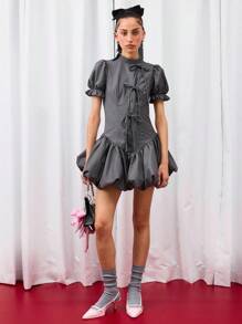 COUREZ 短袖泡泡迷你连衣裙，正面蝴蝶结装饰 / Y2K 迷你连衣裙 可爱秋季女装 秋季外出穿搭 外出礼服 婚礼宾客礼服 约会之夜装扮 女士优雅 - 深灰色 - 查看 4