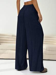 Solflare Plus Size Women's Solid Color Drawstring Waist Casual Versatile Everyday Outing Long Pants Fall - Navy Blue - View 2