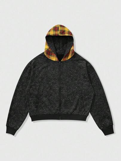 Street Life Sudadera con capucha con cremallera y parches de cuadros para hombre