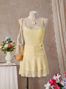 Bellisia 女式度假腰部褶饰蕾丝荷叶边下摆罩衫裙 - 黃色 - 查看 1