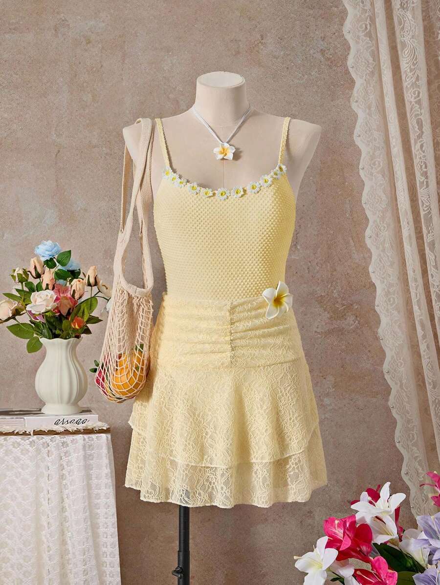 Bellisia 女式度假腰部褶饰蕾丝荷叶边下摆罩衫裙 - 黃色 - 查看 1