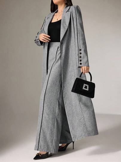 Heiryn 女士撞色滚边前扣休闲阿拉伯长袖罩袍套装，含裤子，优雅开襟罩袍裤装，适合日常休闲/工作场合