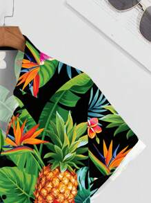 Manfinity RSRT 时尚休闲成熟热带植物菠萝组合元素全身数码印花图案常规版型男士短袖衬衫，适合夏季户外、约会、派对、情侣装、男友礼物 - 彩色 - 查看 2