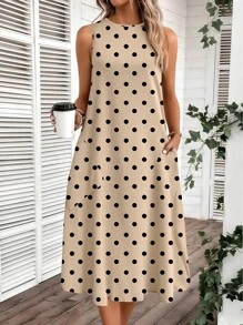 Easowa 女士休闲波点圆领中长连衣裙，适合春夏穿着，时尚休闲连衣裙，波点连衣裙，女士休闲波点连衣裙，女士秋季服装，休闲 - 卡其色 - 查看 6
