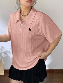 Dazy Plus Valentine Apricot Basic Polo Collar Embroidered Turndown Collar Short Sleeve Summer Plus Size T-Shirt - Pink - View 4