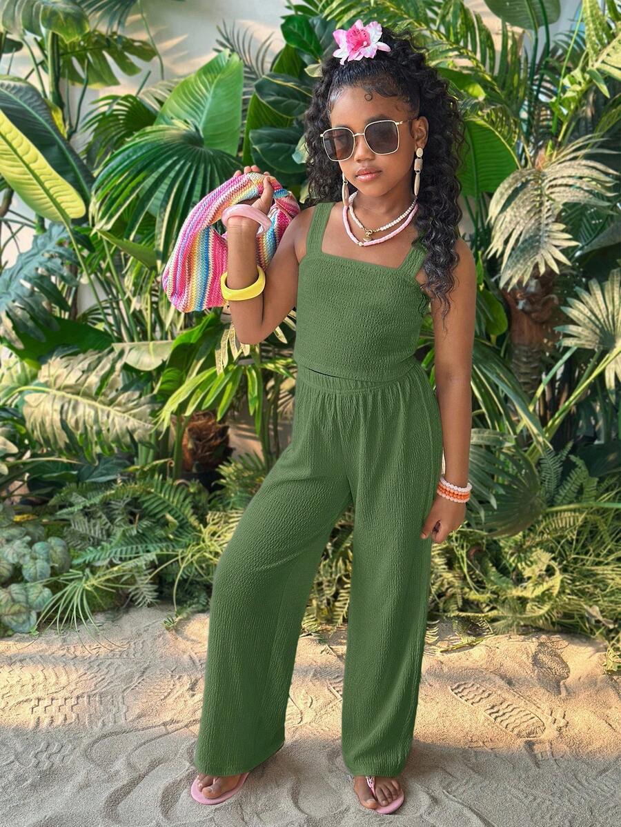 SHEIN Tween Girl 纯色短款吊带背心和阔腿裤两件套 - 橄欖綠 - 查看 1