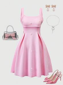 Pearl Embellished Fitted Camisole Dress In Pink - Pink - View 3