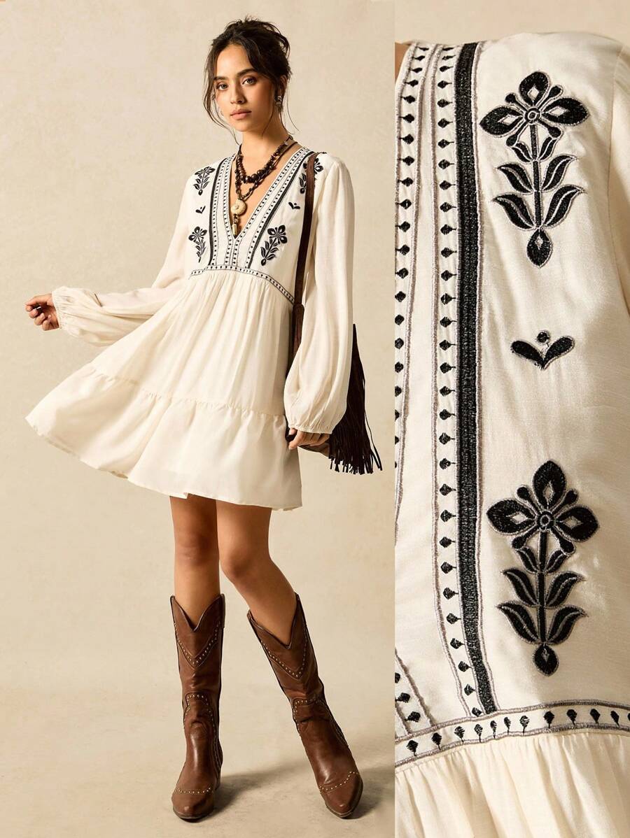 Easelle 杏色梭织女式休闲短款连衣裙 - 米色 - 查看 1