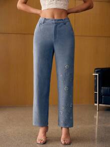 MOTF PREMIUM SUEDE SOLID RHINESTONE DETAIL WIDE LEG SUIT PANTS - Blue - View 4