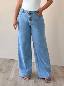 SHEIN Cottnline 100% Cotton HIGH WAIST WIDE LEG CUT PLUS SIZE  JEAN - Light Wash - View 5