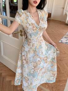 Modelyn 女士十字领、珍珠纽扣装饰和泡泡袖修身连衣裙 - 彩色 - 查看 3