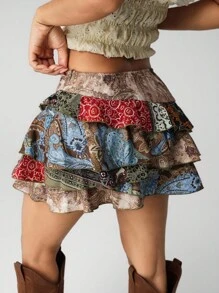 SHEIN ICON Retro Printed Layered Mini Skirt Boho Skirt Tiered Ruffle Skirt - Multicolor - View 2