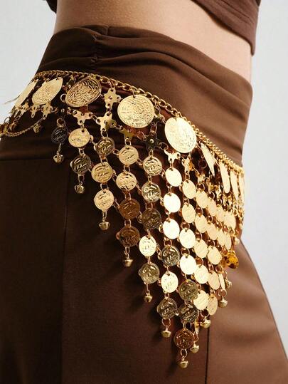 ROMWE Goth 1pc Women's Gold Coin Decor Hollow Tassel Chain Waist Dress, Versatile For Daily Wear