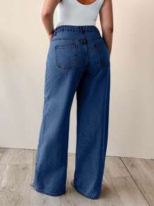 EURMUSE 100% 纯棉高腰阔腿大码牛仔裤 - 深色水洗藍 - 查看 2