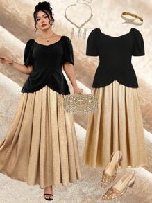 Ellevyn Vestido elegante de talla grande con bloques de color para Halloween, ropa de Halloween, disfraces de Halloween, ropa de Halloween para mujeres, disfraces de Halloween para mujeres de talla grande, disfraces de Halloween, fiesta de Halloween, atuendo de talla grande para mujeres, ropa para salir, ropa de otoño, vestidos largos para mujeres, vestido dorado, vestidos para mujeres, vestidos elegantes para mujeres - Multicolor - Ver 2