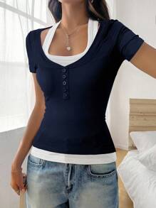 SHEIN Unity Contrasting Color Patchwork Unique Design Fitted T-Shirt - Navy Blue - View 3