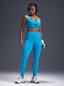 Powerista 女士字母图案镂空设计日常健身运动文胸 - 藍色 - 查看 7