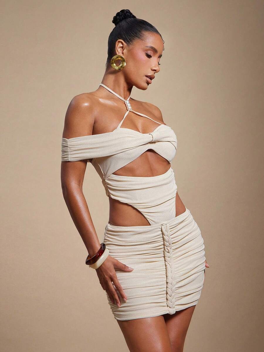 Hauture Đầm ôm body bóng bẩy gợi cảm hở vai buộc dây sau lưng cho nữ dự tiệc - Vàng nhạt - Xem 1