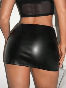 SHEIN ICON Y2k 黑色 PU 迷你裙，斜拉链，配腰带 - 黑色 - 查看 8
