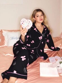 SHEIN Cute Bow Print Contrast Color Lapel Long Sleeve Top & Pants Plus Size Loungewear Set, Fall Winter Clothes, Cozy Outfits, Christmas - Multicolor - View 5