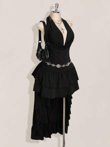 SHEIN ICON Vestido de talla grande con cuello en pico, halter, cintura alta, volantes y bajo asimétrico sin espalda - Negro - Ver 4