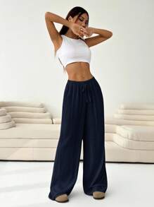 Solflare Plus Size Women's Solid Color Drawstring Waist Casual Versatile Everyday Outing Long Pants Fall - Navy Blue - View 4