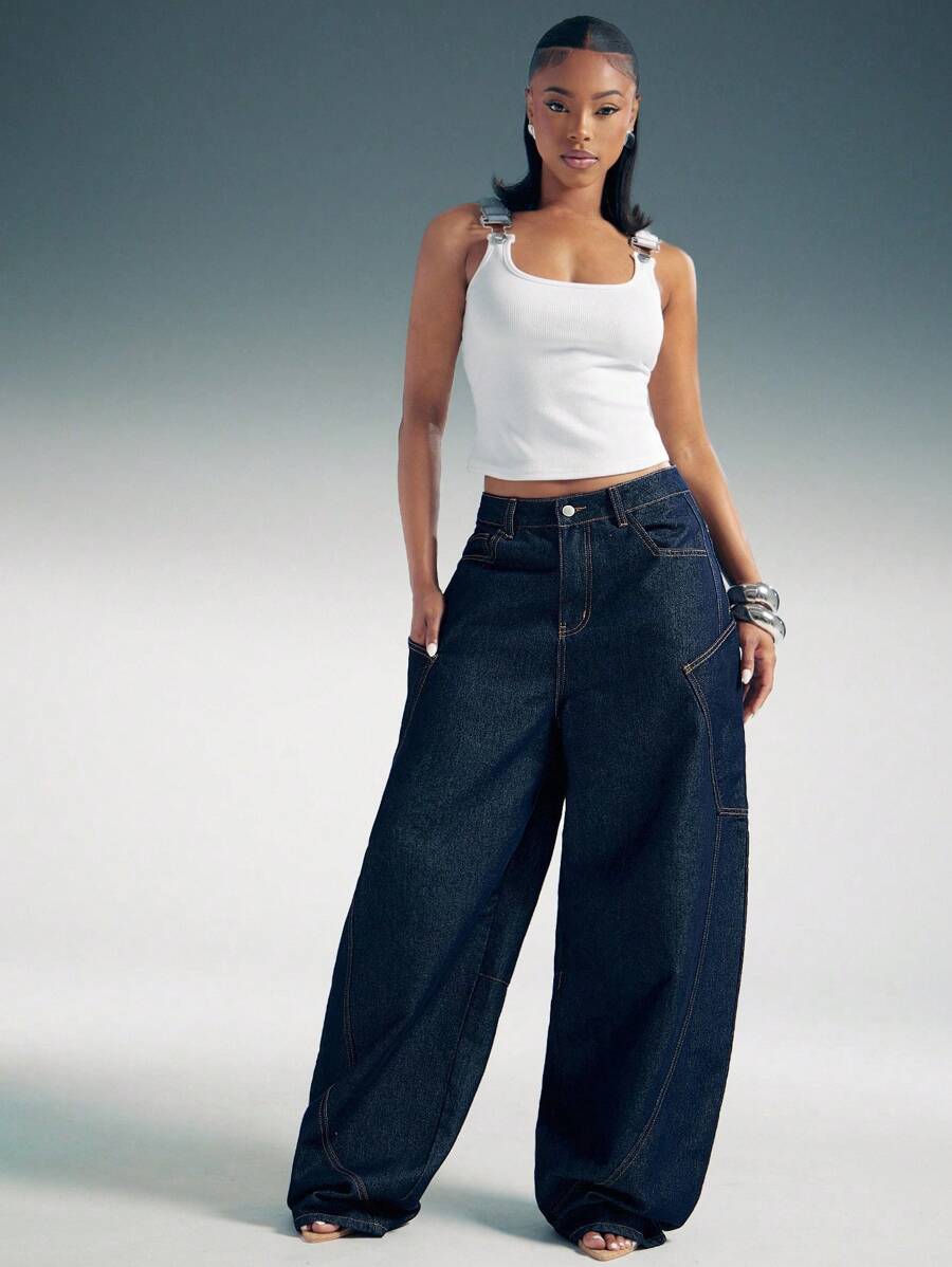 Denimoi Barrel Wide Leg Oversized Back Pockets Baggy Denim Jeans - Dark Wash - View 1