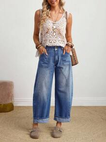 EMERY ROSE 女式口袋喇叭休闲宽松牛仔裤 - 藍色 - 查看 7