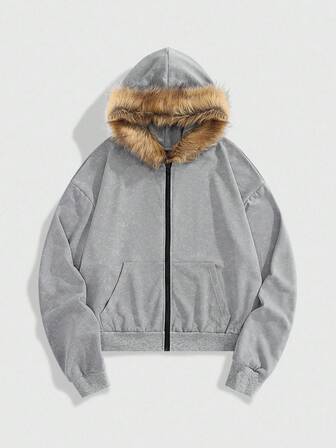 Street Life Lässige Mode Flauschiger Kragen vielseitige Herren Reißverschluss Hoodies, Herbst Winter