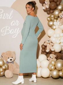Loomaby Elegant Solid Color Slim Fit Maxi Knit Dress For Pregnant Women,Gender Reveal Dress,Maternity Dress,Baby Shower Dress
